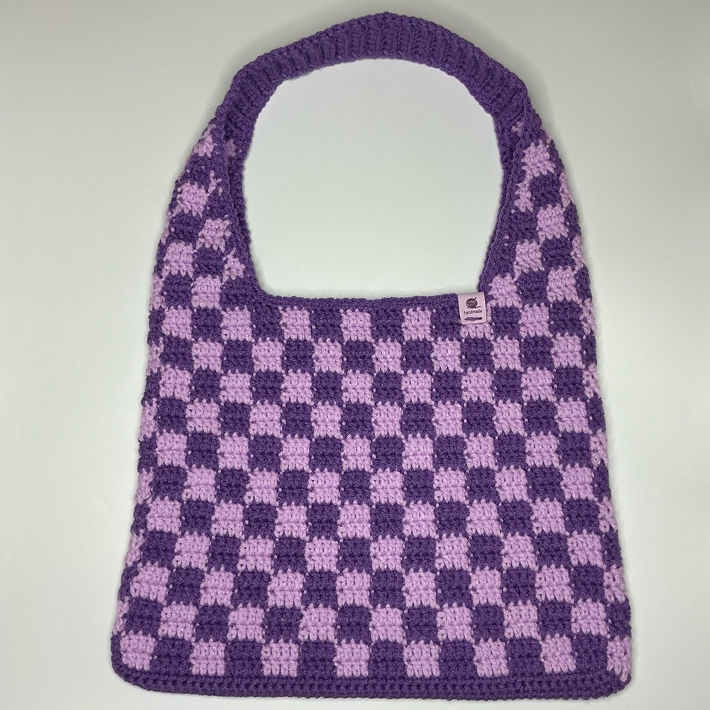 Handmade Amethyst & Soft Purple Checker Checkerboard Crochet Shoulder Tote Bag - Picture 2 of 16